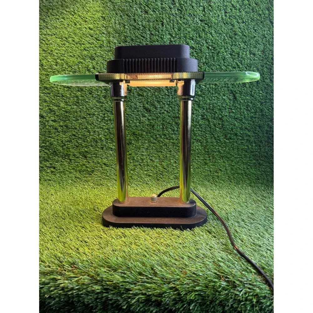 Vintage Postmodern Halogen Desk Lamp Dual Chrome Pillar Glass Wing Model 7042